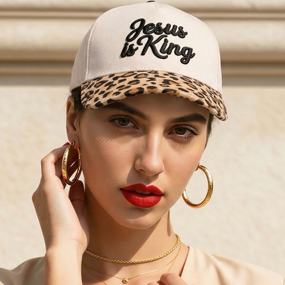 ZENANA | NEW Beige Baseball Cap with Leopard Visor - 'Jesus is King' OSFA